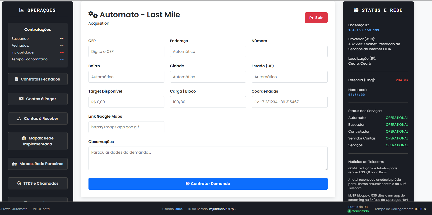 Dashboard do Sistema Automato
